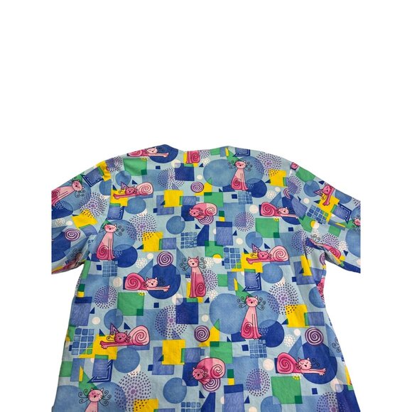 Fundamentally Cotton By White Swan Whimsical Cat Print Scrub Top S Snap Front - Picture 6 of 10